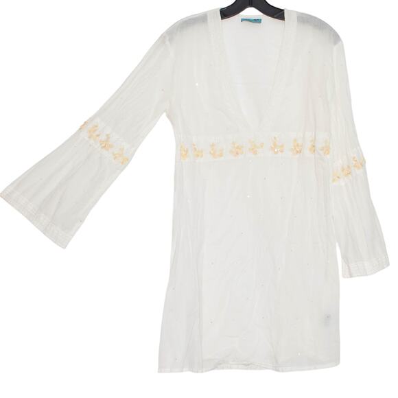Letarte Swim Cover Up Sheer Sequin Boho Cottage Coastal Hippie Beachy White M/L - Picture 1 of 10